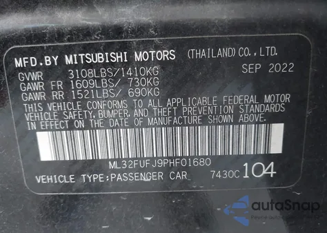 2023 Mitsubishi Mirage G4 Black Edition/Es/Le из США, поврежденный, VIN ML32FUFJ9PHF01680